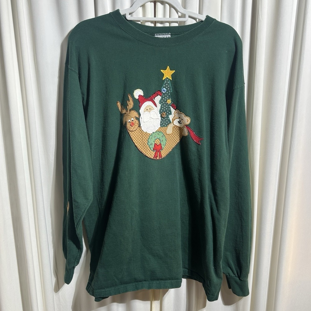 Christmas Puff Paint Appliqué Sz L Green Long Sleeve Shirt Santa Rudolph‎ Tree